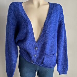Vintage 80s Mohair Cardigan Blue Size M Slouchy Deep V Cottagecore Sweater